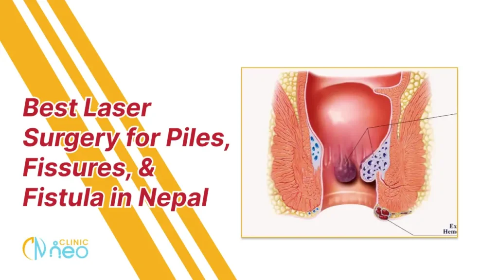 A medical illustration of an anatomy related to piles, alongside text reading 'Best Laser Surgery for Piles, Fissures, & Fistula in Nepal,' with red text on a white background. The image includes yellow diagonal stripes and the Clinic Neo logo