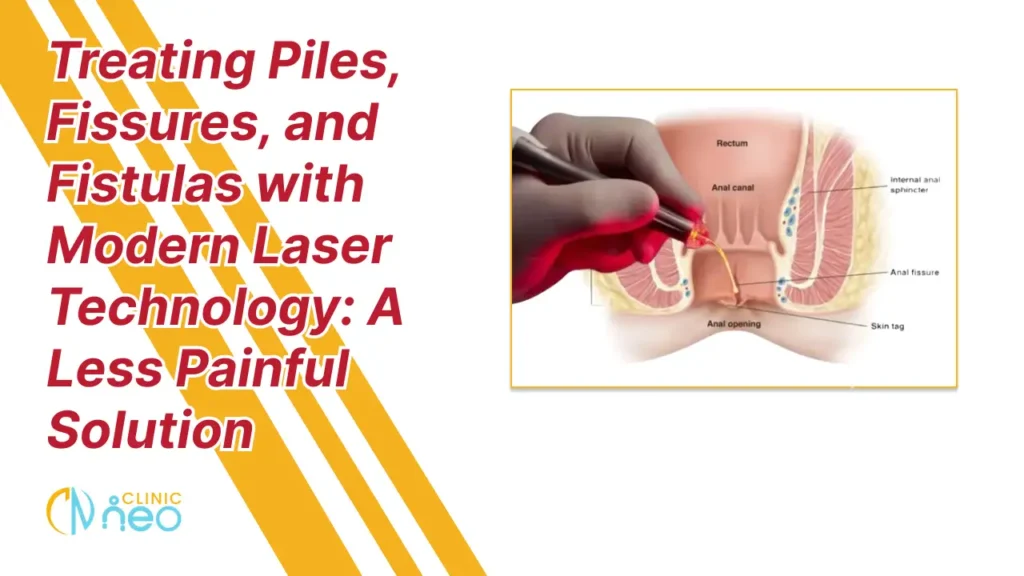 Illustration of a medical procedure using laser technology to treat piles, fissures, and fistulas. Text on the left reads: 'Treating Piles, Fissures, and Fistulas with Modern Laser Technology: A Less Painful Solution.' Clinic Neo logo at the bottom