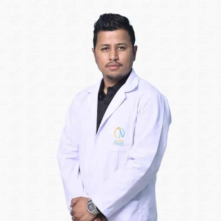 Man in a white lab coat with "Clinic Neo" logo, wearing a black shirt and watch, stands confidently against a plain white background.