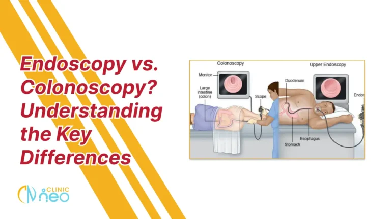 Illustration comparing colonoscopy and endoscopy, showing a doctor examining a patient. Text reads, "Endoscopy vs. Colonoscopy? Understanding the Key Differences."