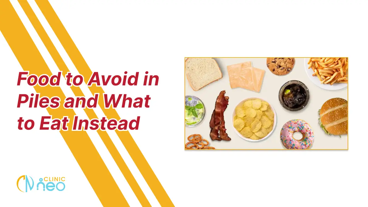 Graphic titled 'Food to Avoid in Piles and What to Eat Instead' featuring a plate with bread, cheese, chips, soda, fries, and a burger. Clinic Neo logo is visible. The tone is informative