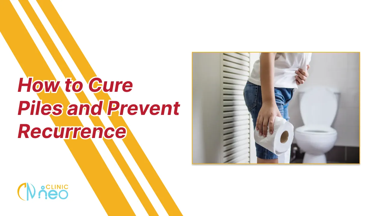 Graphic on curing piles shows a person holding toilet paper near a bathroom. Text reads 'How to Cure Piles and Prevent Recurrence.' Clinic Neo logo included.