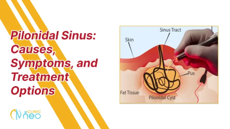 Illustration explaining pilonidal sinus with text 'Pilonidal Sinus: Causes, Symptoms, and Treatment Options.' Depicts skin layers, sinus tract, pus, and a hand indicating the pilonidal cyst. Clinic Neo logo in corner. Educational tone