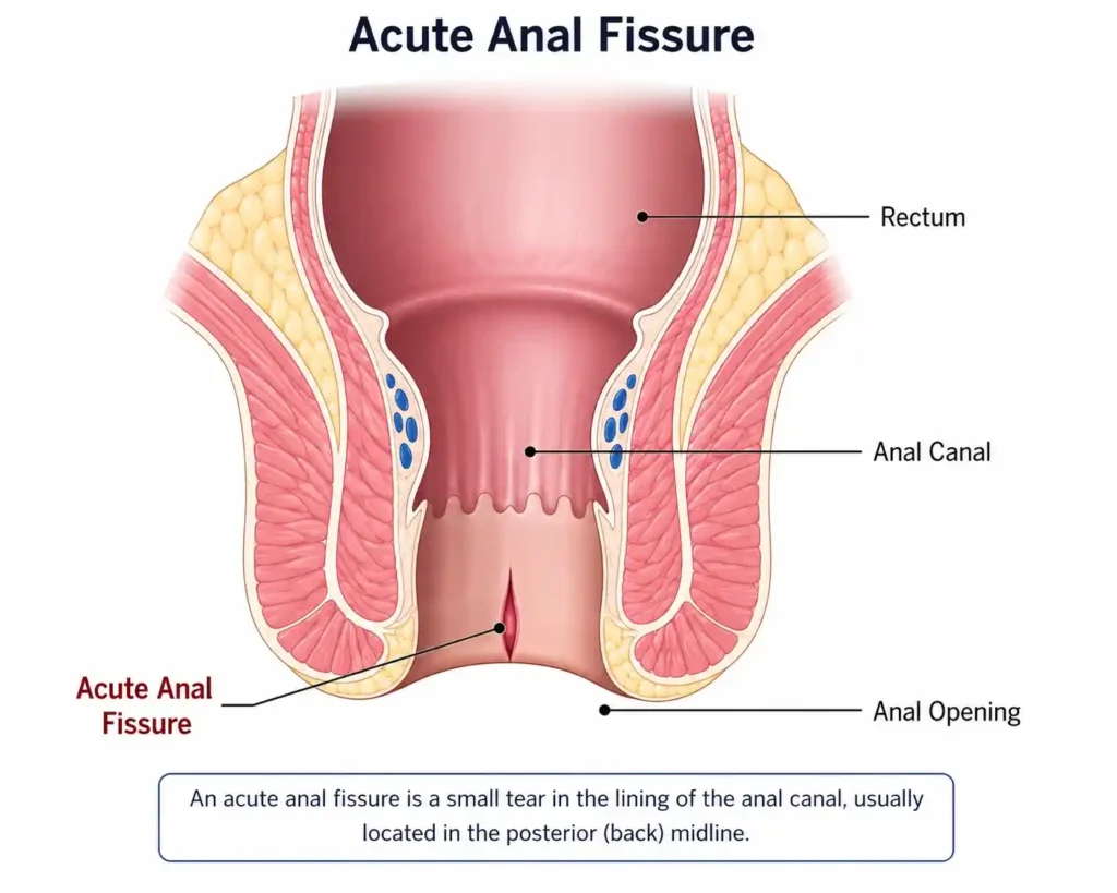 Medical illustration of an acute anal fissure showing a small fresh tear in the posterior anal canal with labeled anatomy of the rectum, anal canal, and anal opening.