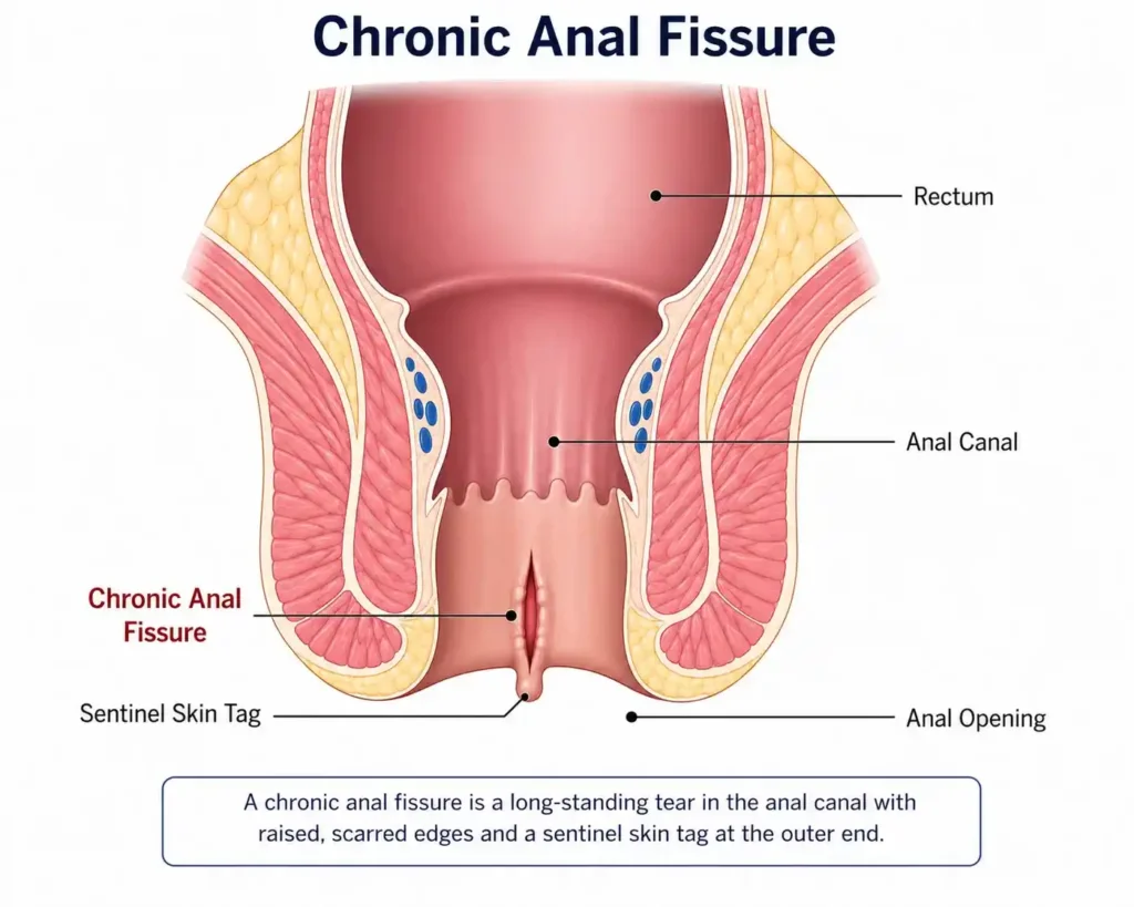 Medical illustration of a chronic anal fissure showing a scarred tear with a sentinel skin tag in the posterior anal canal and labeled anatomy of the rectum, anal canal, and anal opening.