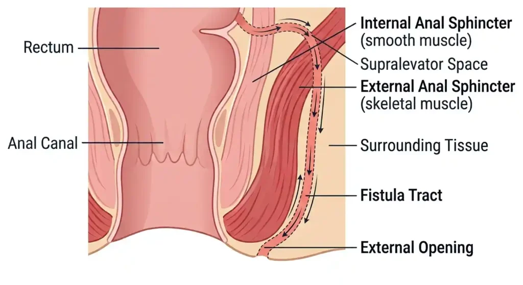 Medical illustration showing an extrasphincteric anal fistula, with the fistula tract originating from the rectum and traveling outside the entire anal sphincter complex before reaching the external opening.