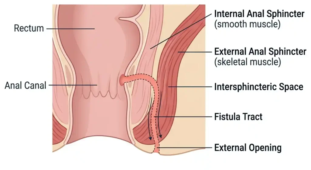 Medical illustration showing an intersphincteric anal fistula, with the fistula tract traveling between the internal and external anal sphincter muscles from the anal canal to an external opening.