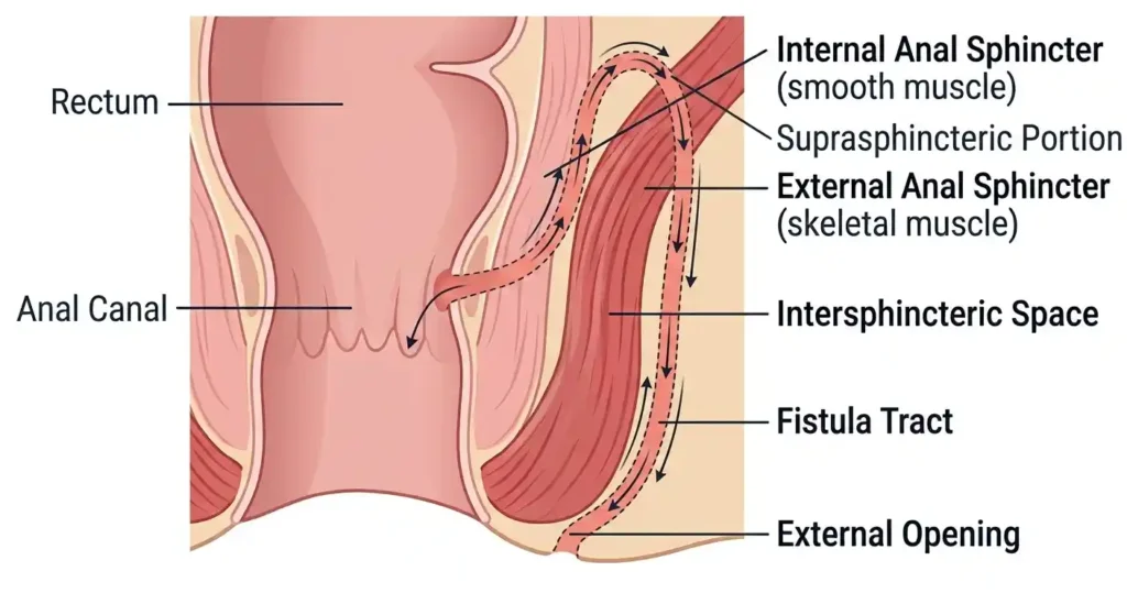 Medical illustration showing a suprasphincteric anal fistula, with the fistula tract traveling upward above the external anal sphincter, curving over the sphincter complex, and descending toward the external opening.