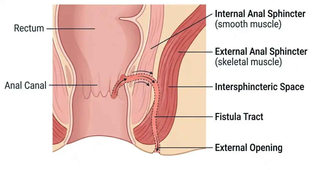 Medical illustration showing a transsphincteric anal fistula, with the fistula tract passing through both the internal and external anal sphincter muscles before reaching the external opening.